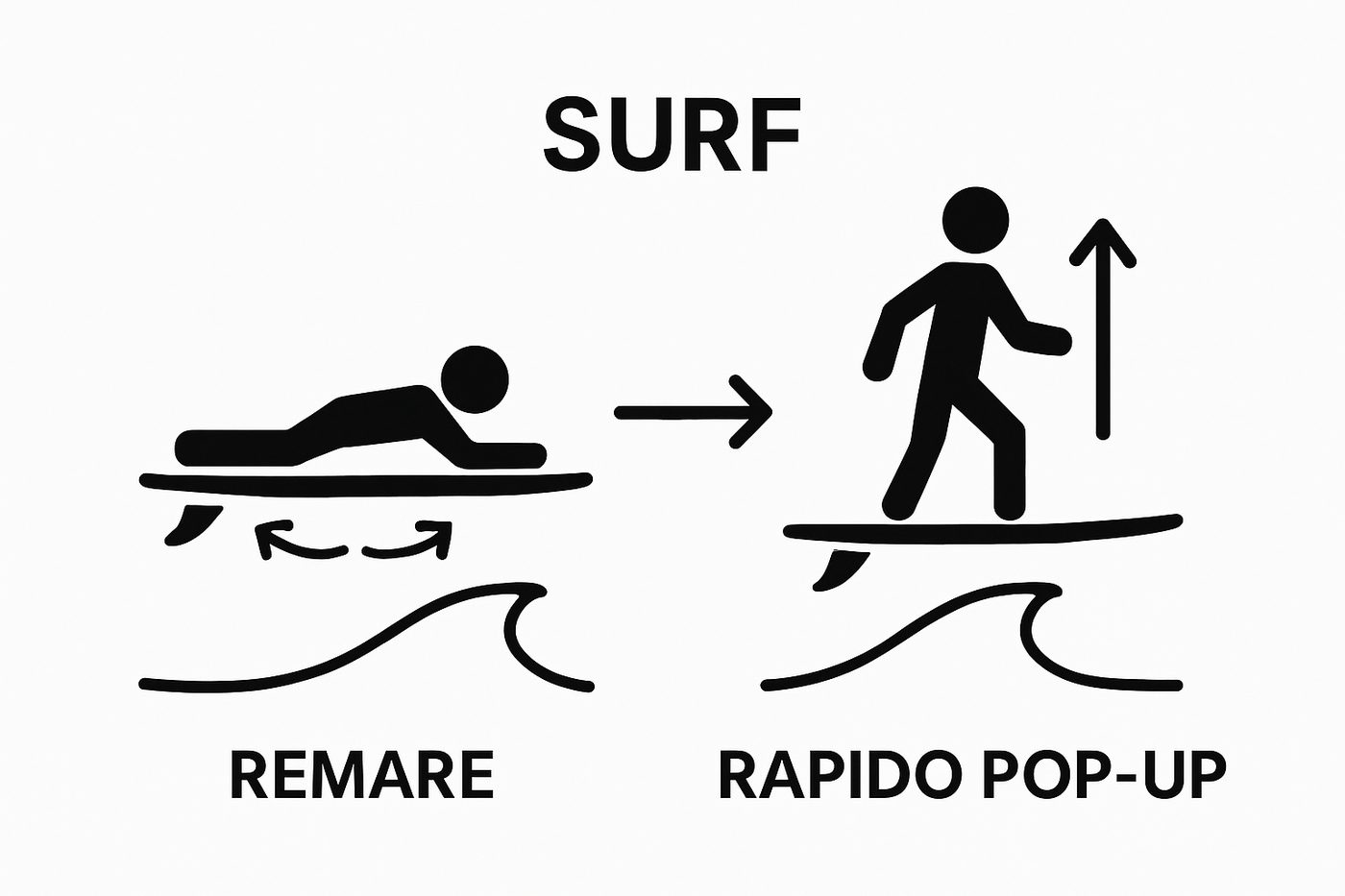 Infographic showing two key surf learning steps: paddling and standing up