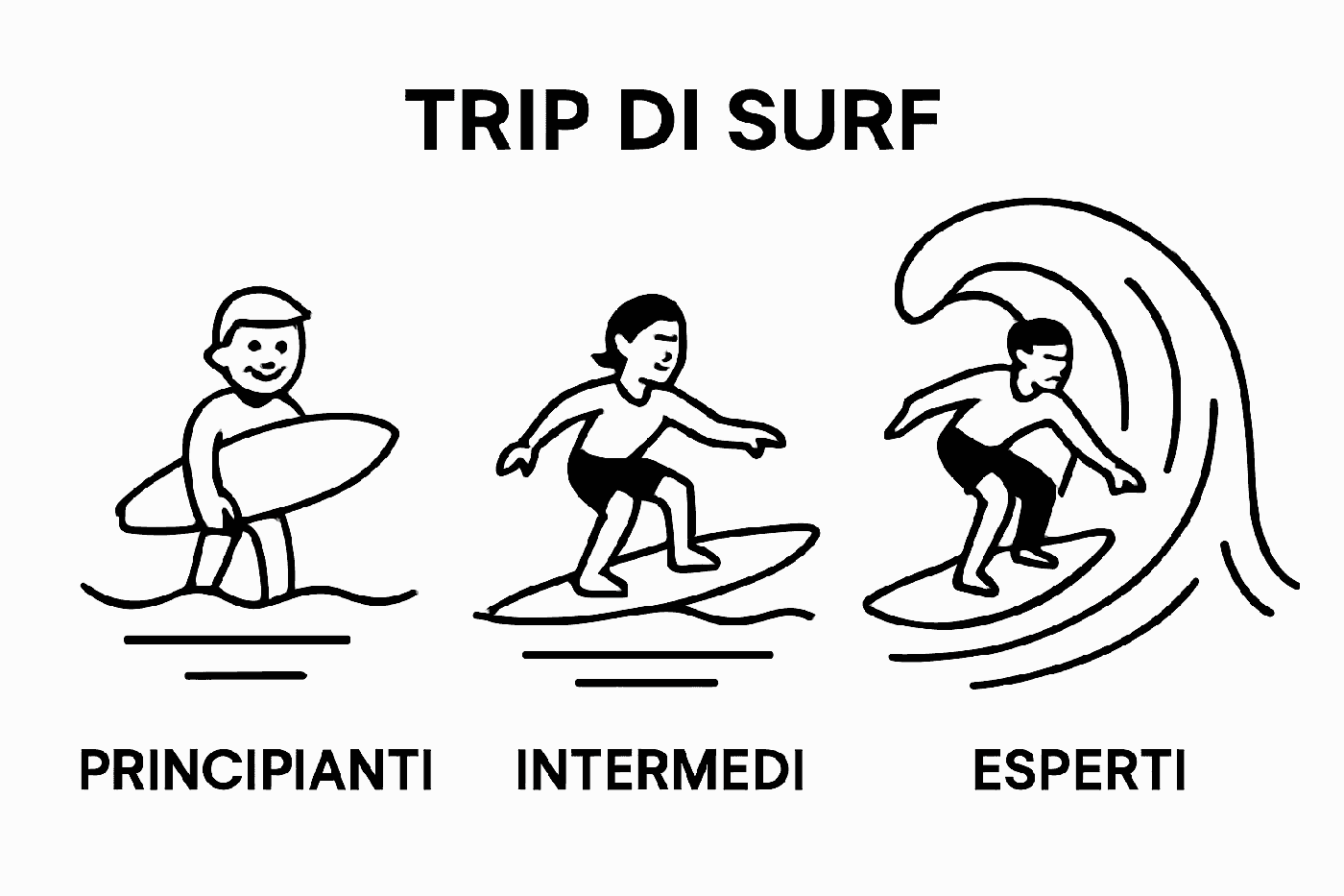 Simple visual comparison of three surf trip types for different skill levels